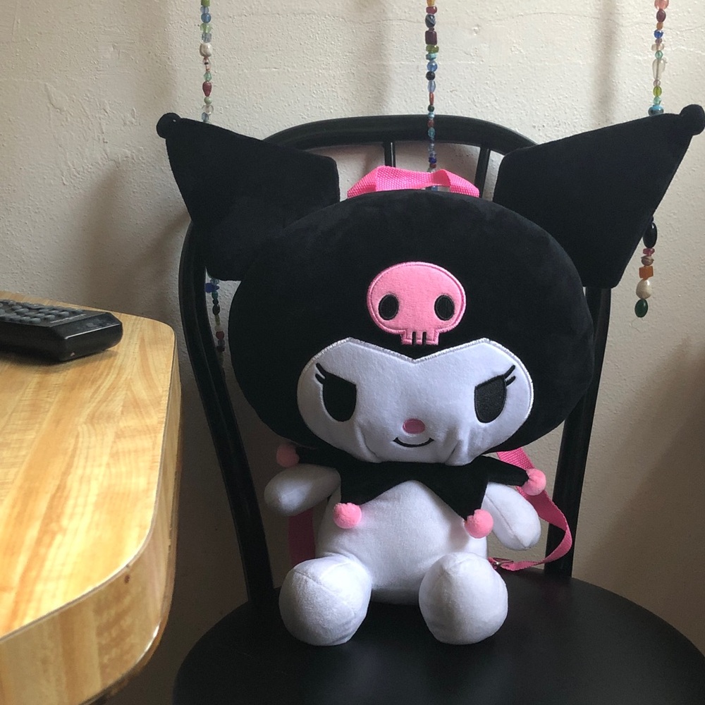 Kuromi Plush Backpack, featuring a zippered pouch and pink adjustable straps. - Picture 2 of 5